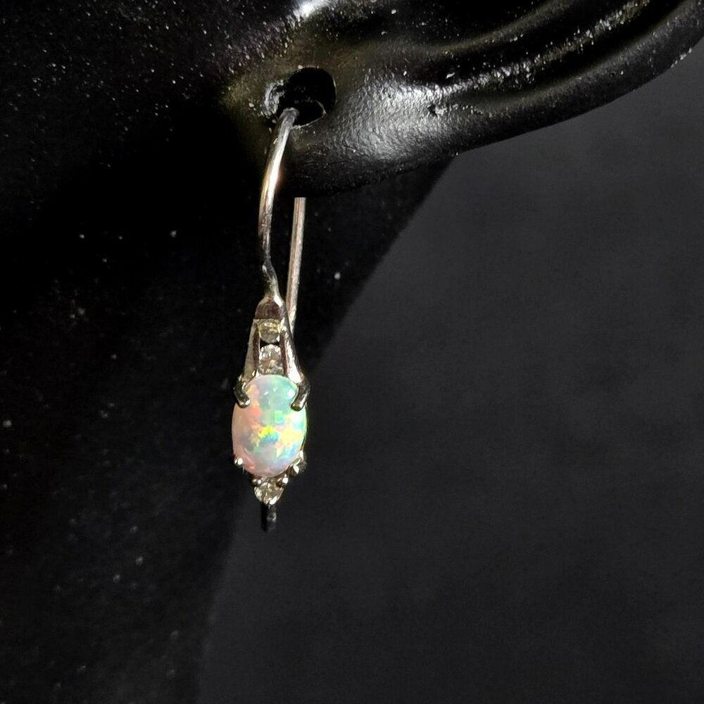 Sterling Silver 925 Opal Drop Earrings with CZ Accent Dangle Pierced Jewelry RJ